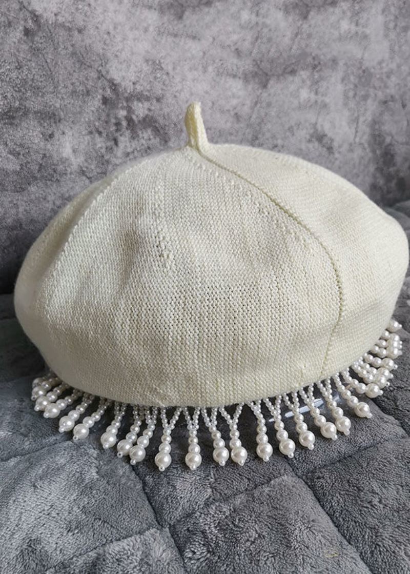 Chapeau De Béret En Laine À Pompons Avec Perles À Ongles Noires À La Mode - Manteaux en laine femmes