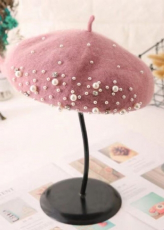 Chapeau Béret En Laine Rose Polyvalent Et Élégant Avec Perles À Ongles