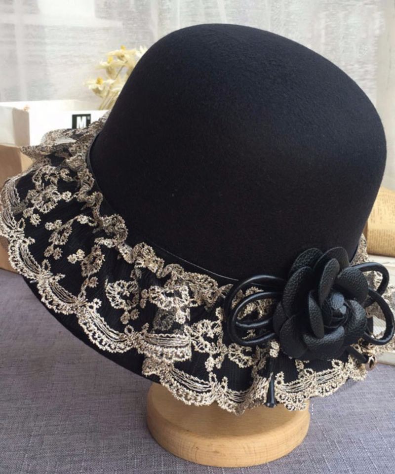 Chapeau Bob En Laine Florale Patchwork De Dentelle Noire Boho - Manteaux en laine femmes