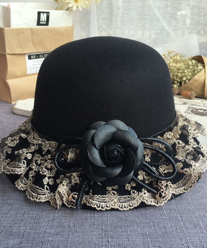 Chapeau Bob En Laine Florale Patchwork De Dentelle Noire Boho - Manteaux en laine femmes