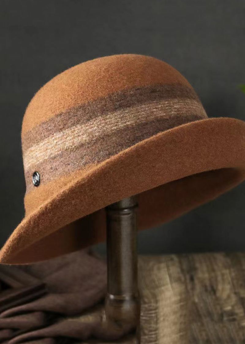 Chapeau Bob En Laine À Rayures Caramel Polyvalent À La Mode - Manteaux en laine femmes