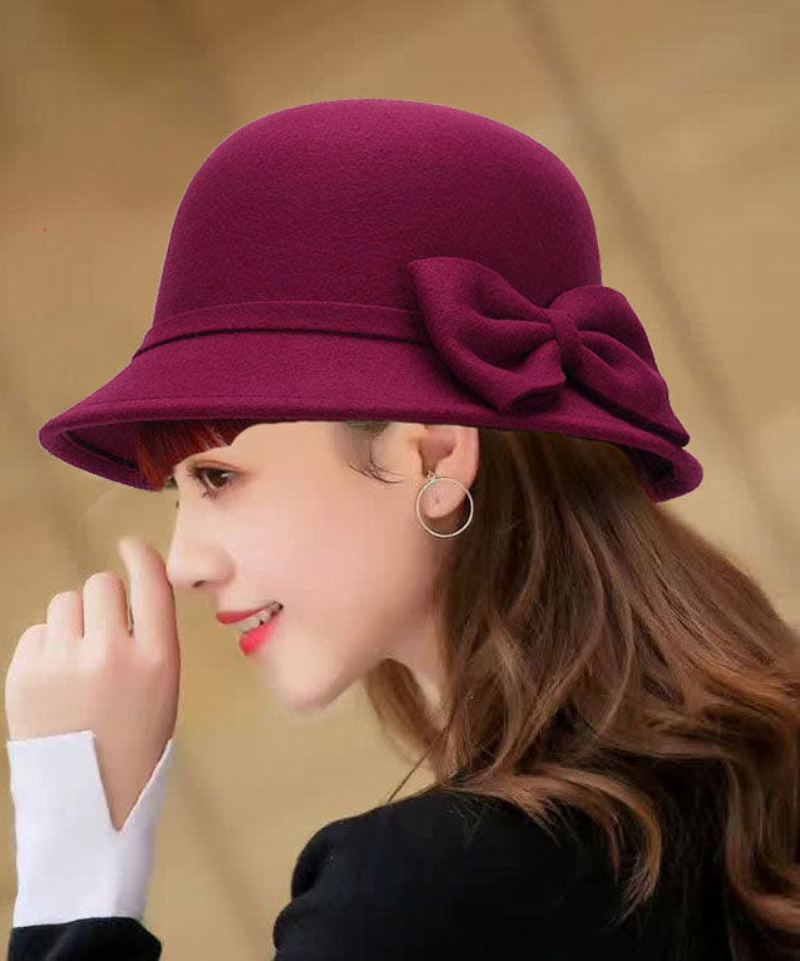 Chapeau Cloche En Laine À Nœud Solide Vintage Mulberry - Mûrier