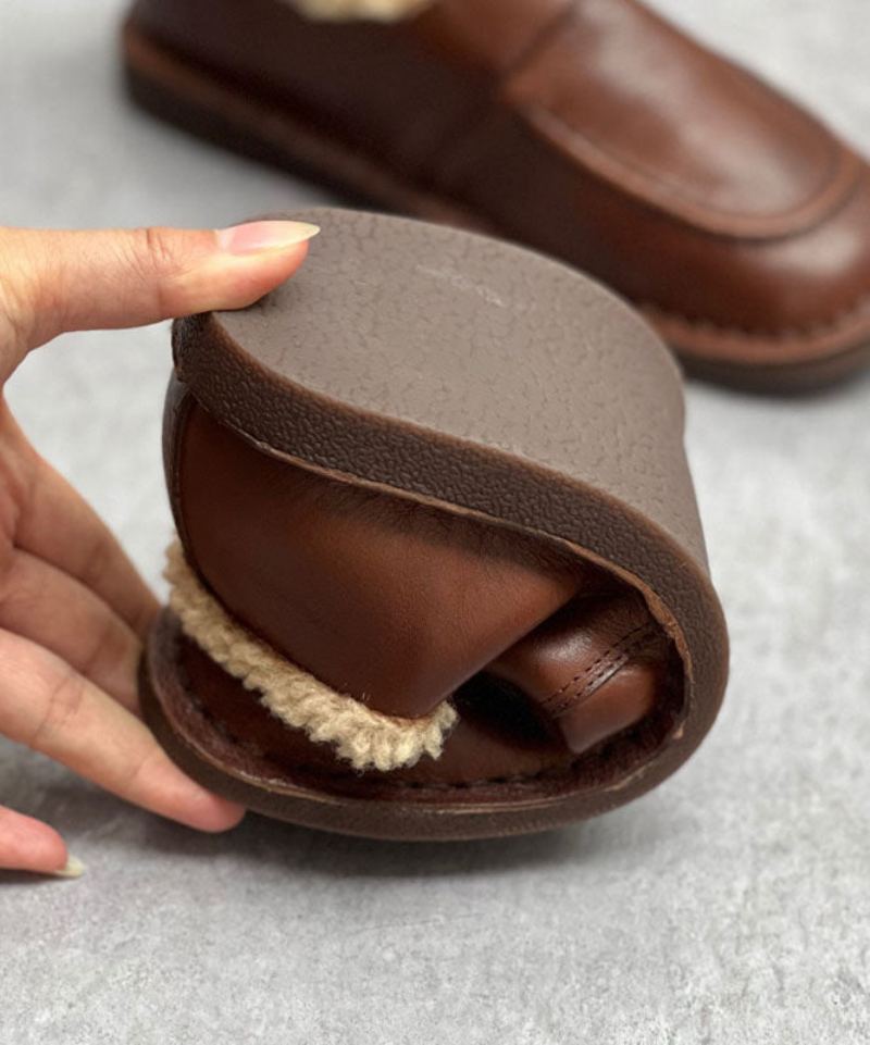 Chaussures Plates Chocolat Pour Femmes En Cuir De Vachette Décontractées Doublées De Laine Floue - Café