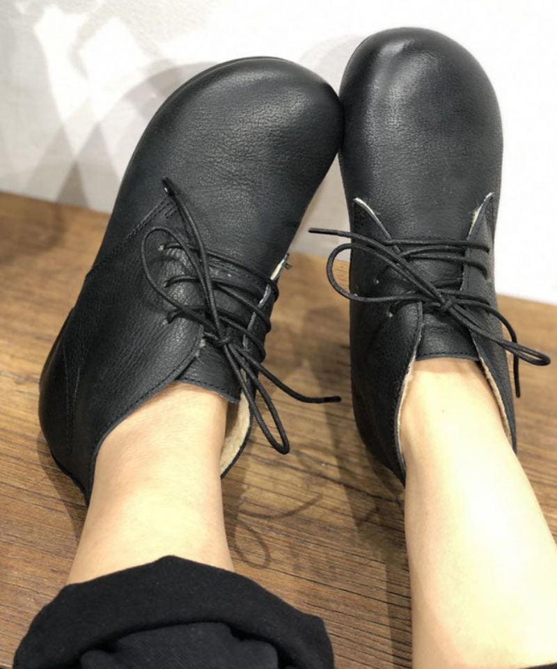 Chaussures Plates Noires Pour Femmes À Lacets Doublées De Laine Floue - Noir