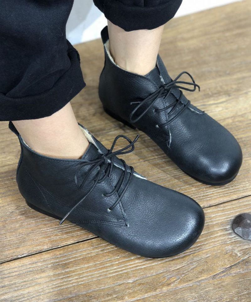 Chaussures Plates Noires Pour Femmes À Lacets Doublées De Laine Floue - Noir