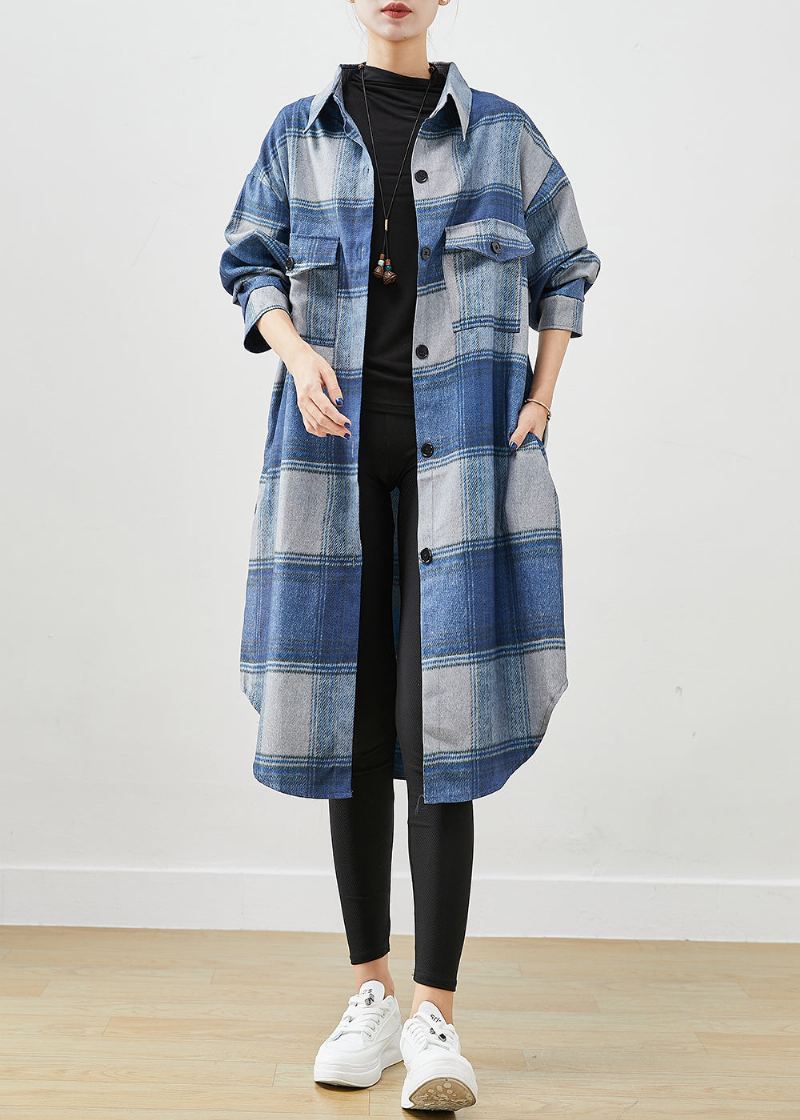 Chemise En Laine À Carreaux Bleus Faits À La Main Trench Coats Automne - Manteaux en laine femmes