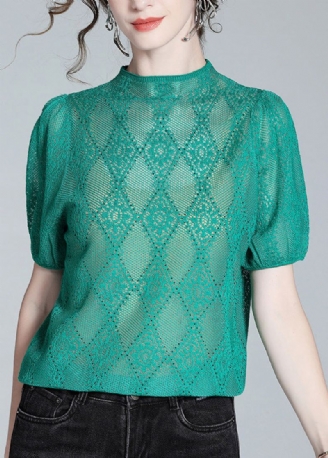 Chemise En Laine Tricotée À Col Roulé Vert Ample Et Ajourée À Manches Courtes