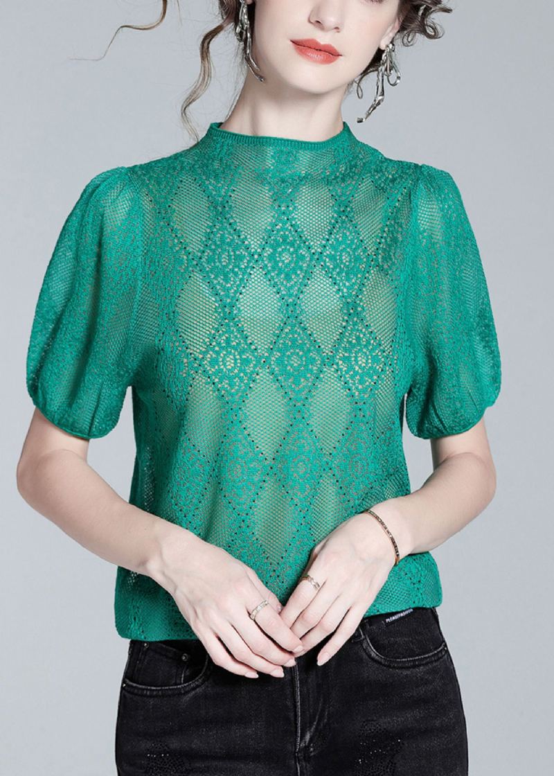 Chemise En Laine Tricotée À Col Roulé Vert Ample Et Ajourée À Manches Courtes - Manteaux en laine femmes