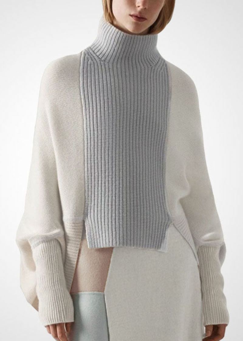 Chic Blanc Col Haut Asymétrique Patchwork Laine Tricot Pull Hiver