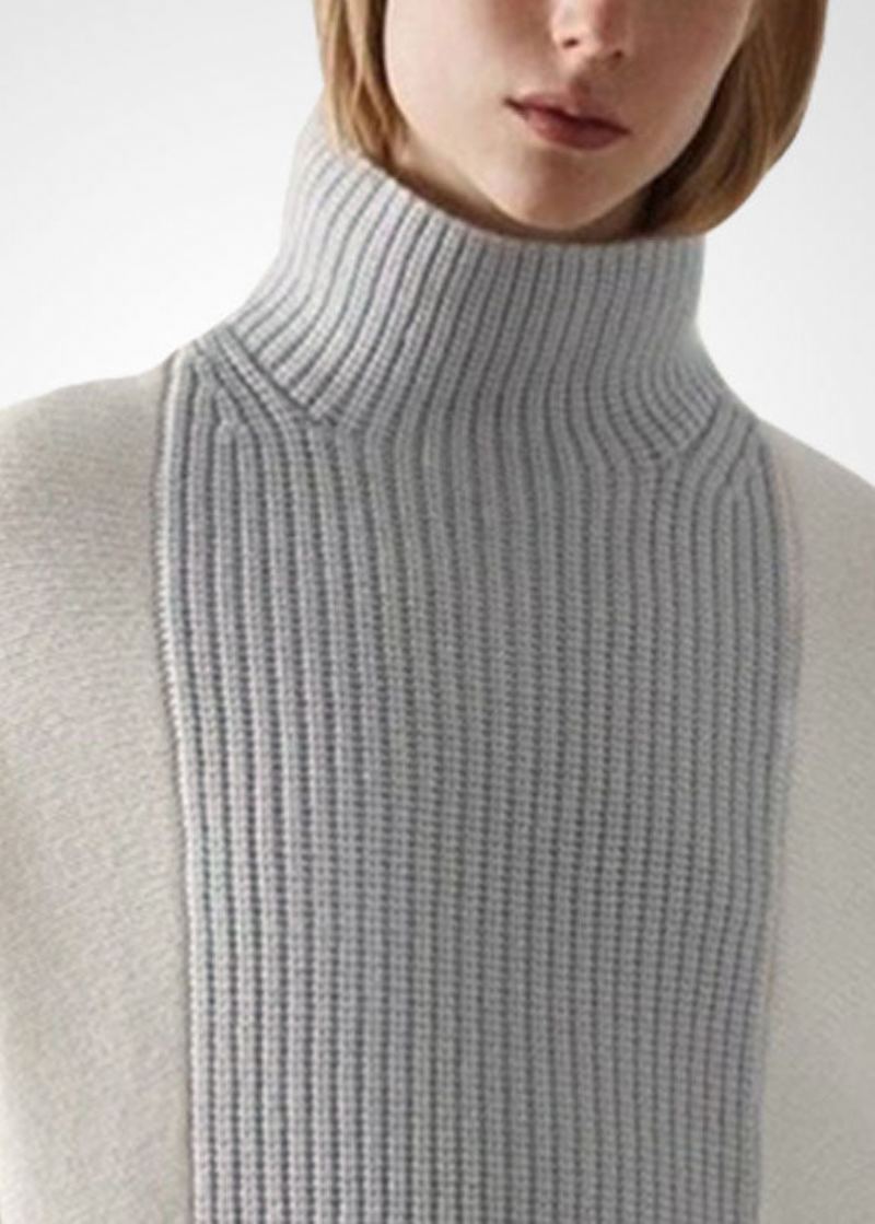 Chic Blanc Col Haut Asymétrique Patchwork Laine Tricot Pull Hiver - Manteaux en laine femmes