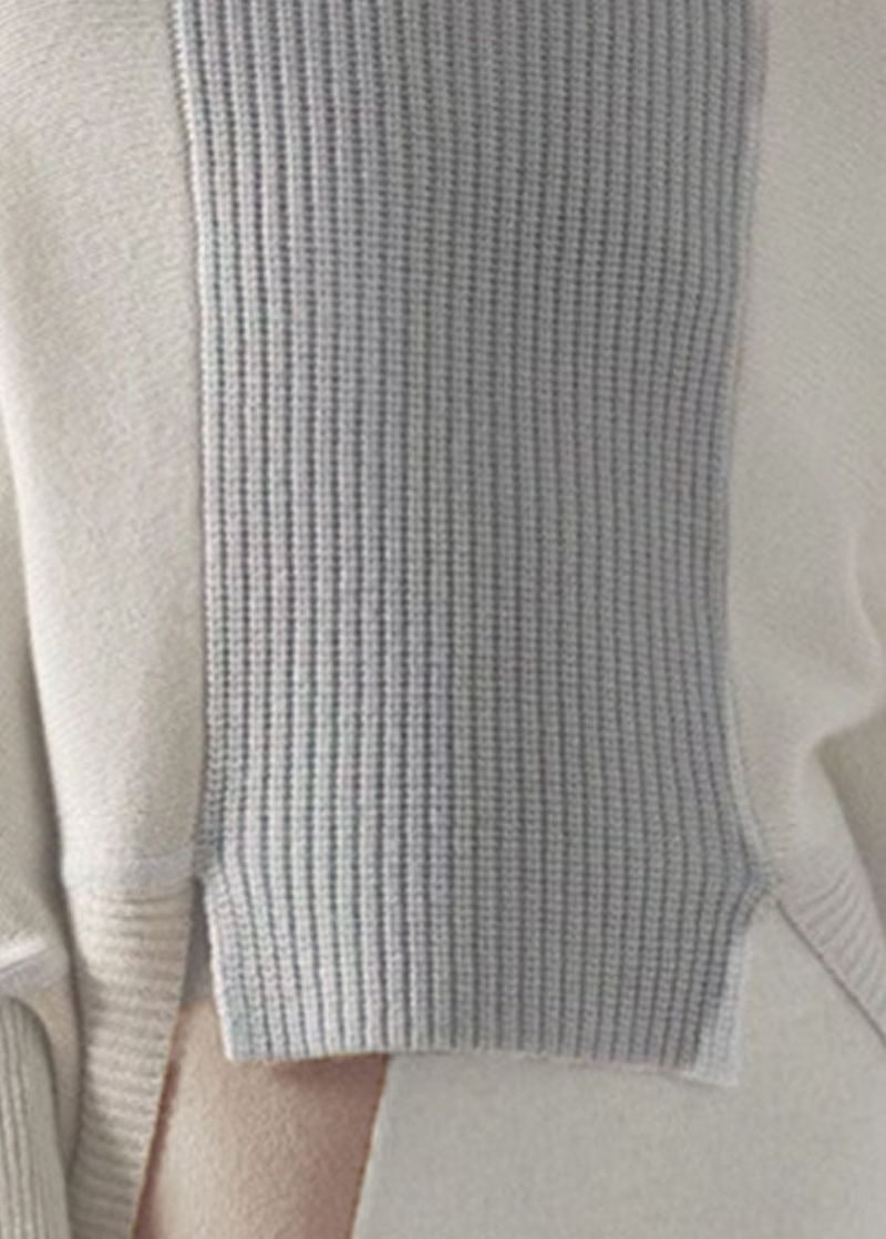 Chic Blanc Col Haut Asymétrique Patchwork Laine Tricot Pull Hiver - Manteaux en laine femmes