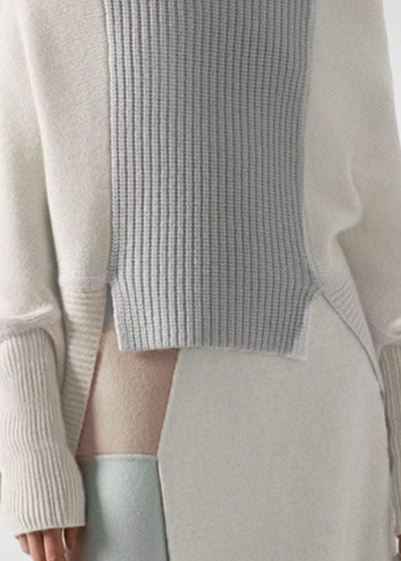 Chic Blanc Col Haut Asymétrique Patchwork Laine Tricot Pull Hiver - Manteaux en laine femmes