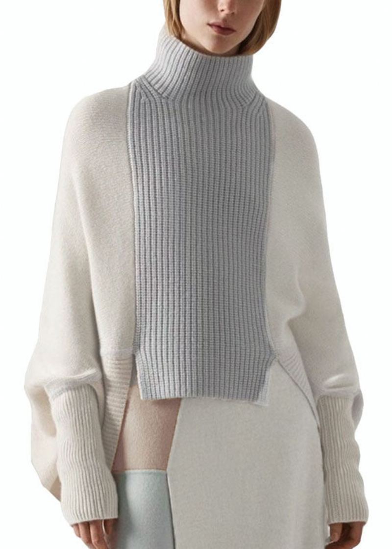 Chic Blanc Col Haut Asymétrique Patchwork Laine Tricot Pull Hiver - Manteaux en laine femmes