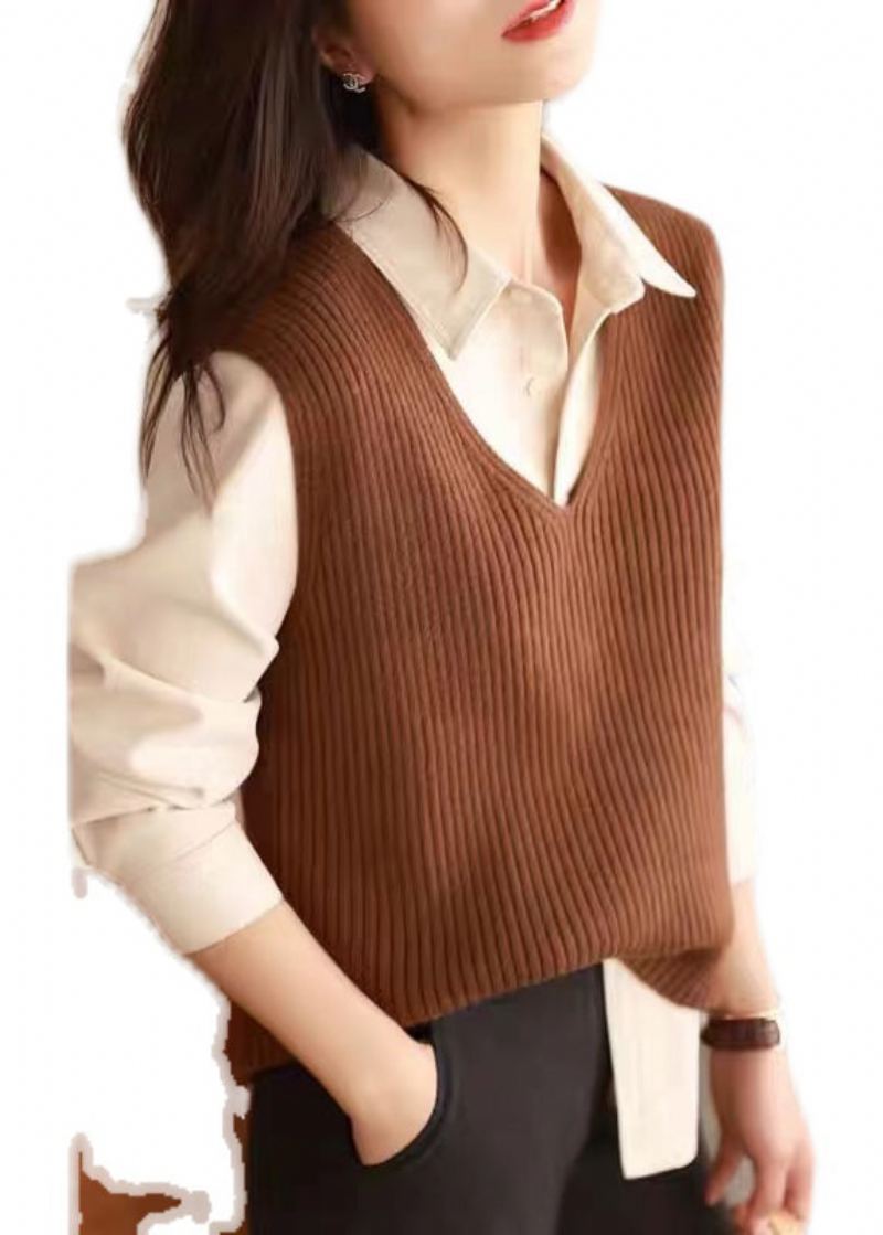 Chic Polyvalent Caramel Col En V Laine Gilet Hauts Sans Manches - Manteaux en laine femmes