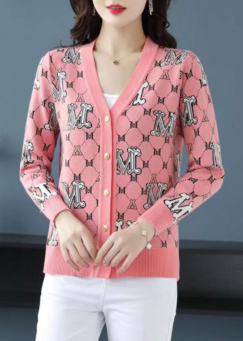 Chic Rose Col En V Jacquard Patchwork Laine Lâche Cardigans Automne