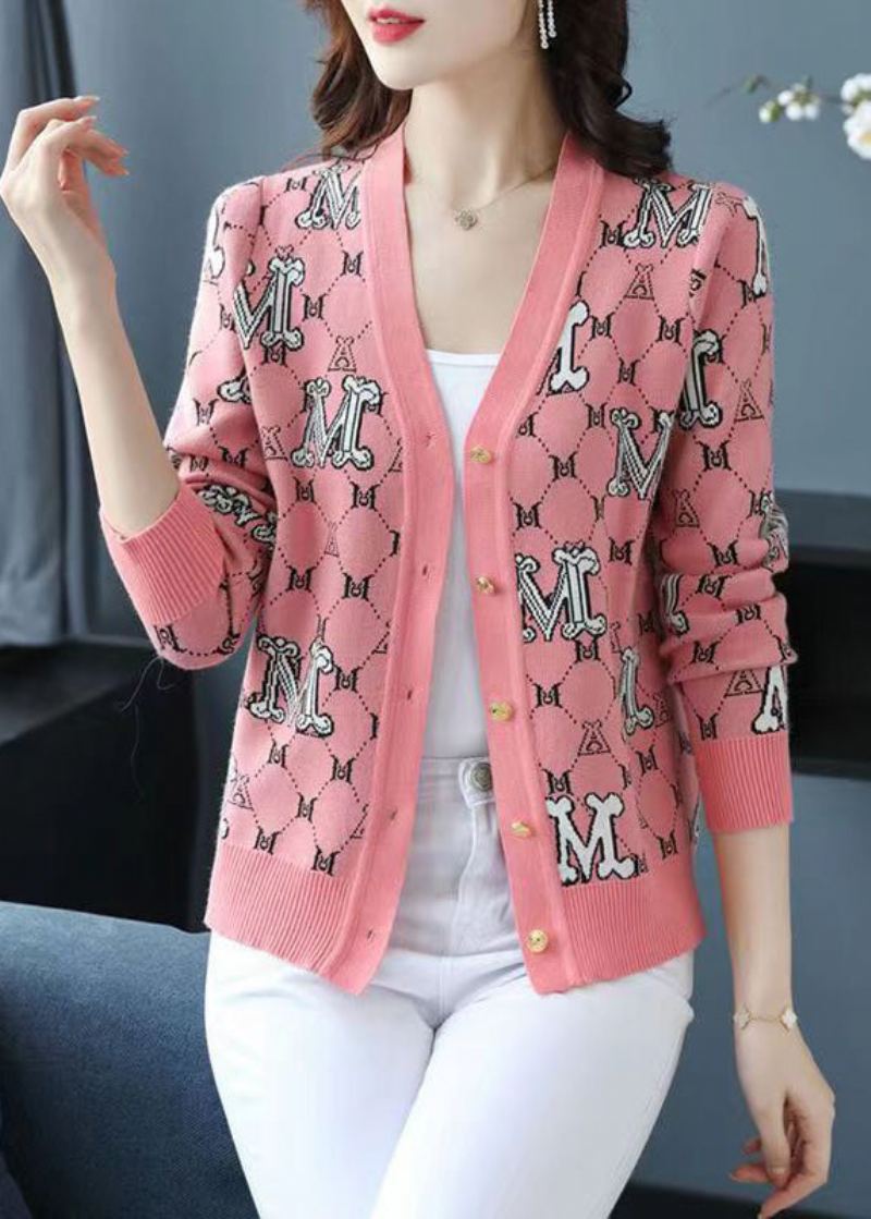 Chic Rose Col En V Jacquard Patchwork Laine Lâche Cardigans Automne - Manteaux en laine femmes