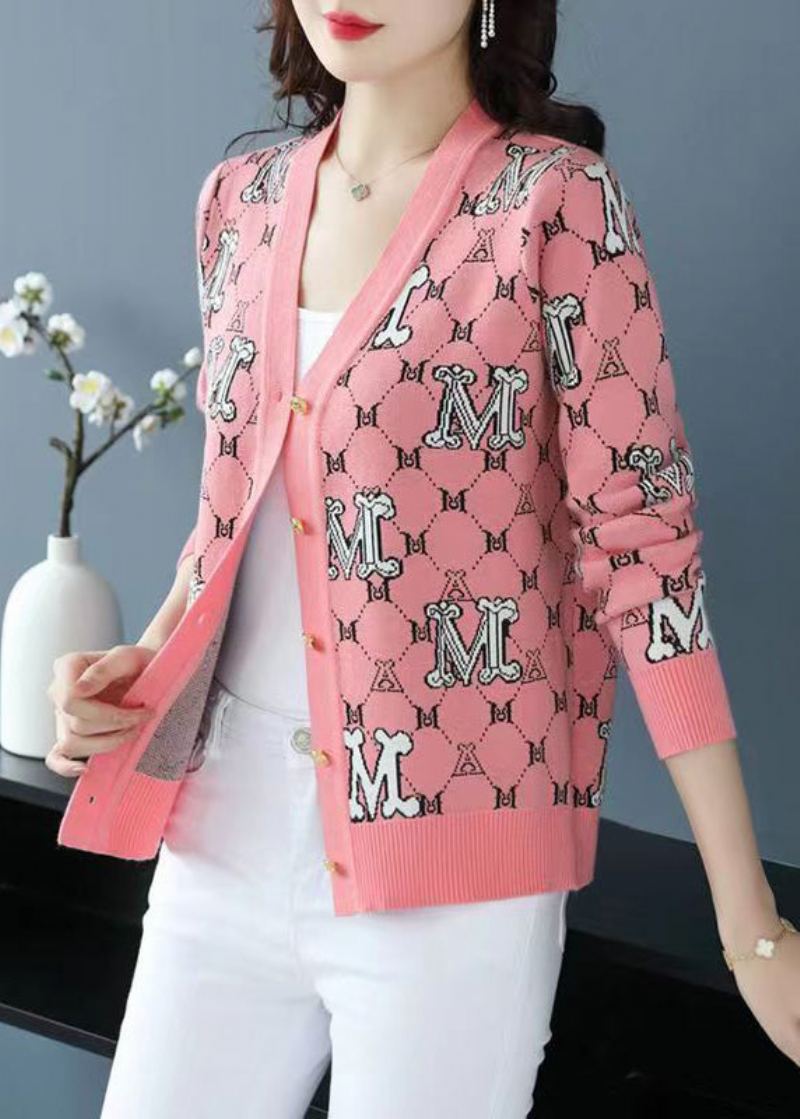 Chic Rose Col En V Jacquard Patchwork Laine Lâche Cardigans Automne - Manteaux en laine femmes