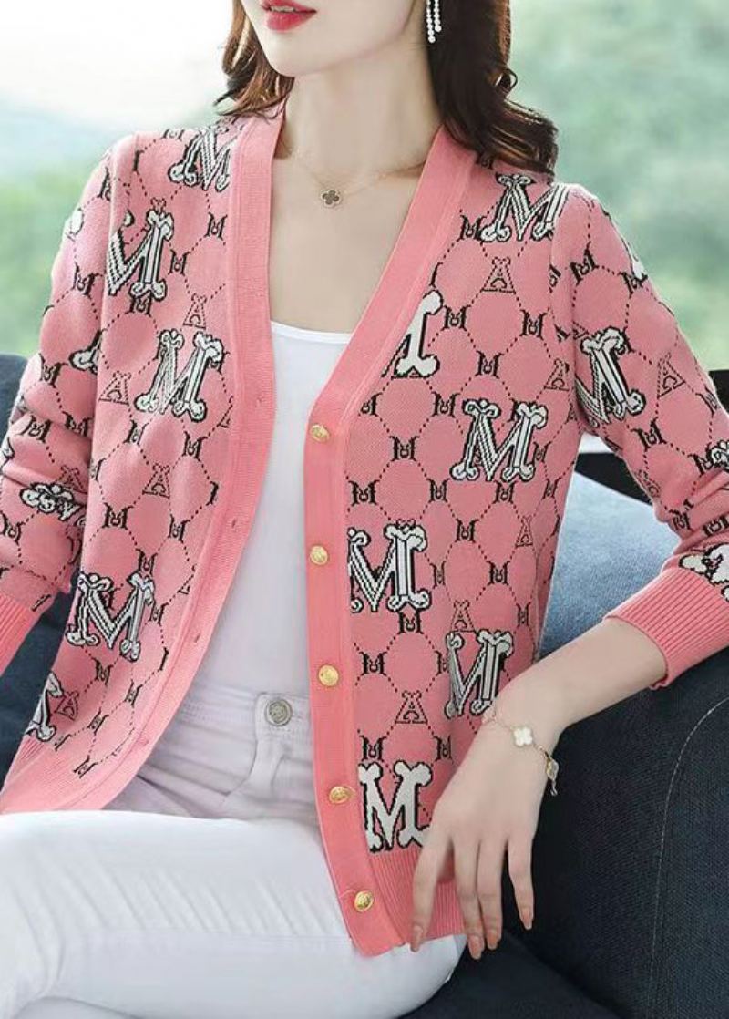 Chic Rose Col En V Jacquard Patchwork Laine Lâche Cardigans Automne - Manteaux en laine femmes