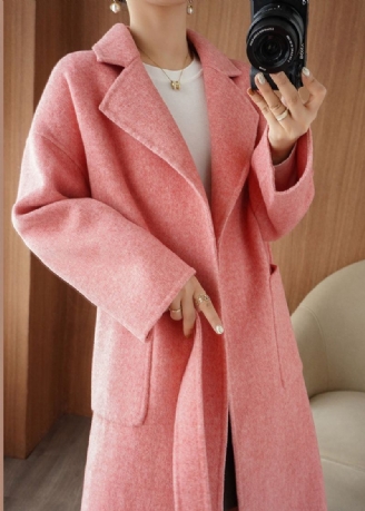 Chic Rose Cranté Cravate Taille Laine Maxi Manteau Automne