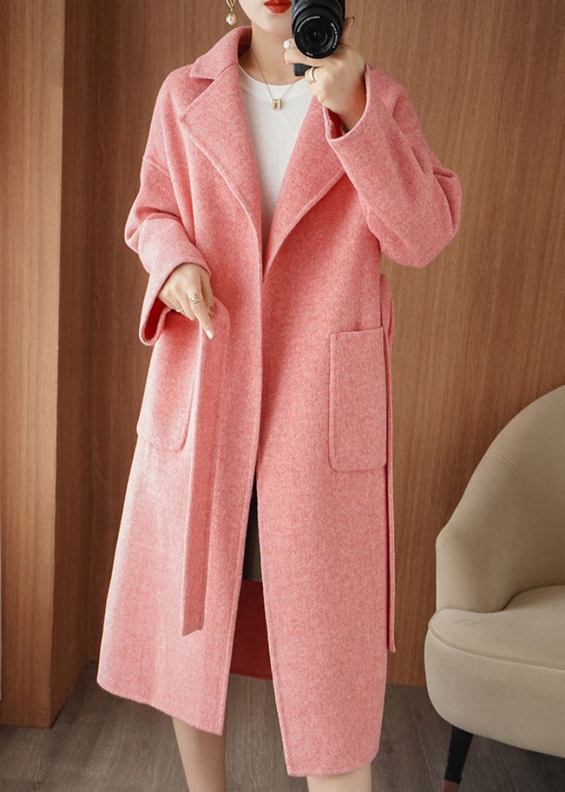 Chic Rose Cranté Cravate Taille Laine Maxi Manteau Automne - Manteaux en laine femmes