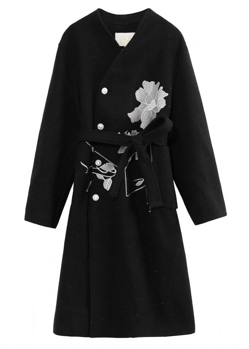 Décontracté Noir Col Montant Brodé Cravate Bouton De Taille Épais Laine Longue Trench Manteau Hiver - Manteaux en laine femmes