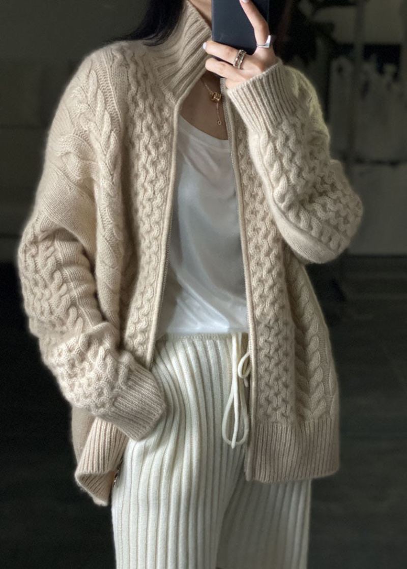 Diy Beige Zip Up Casual Laine Tricoté Tops Manteau Winters