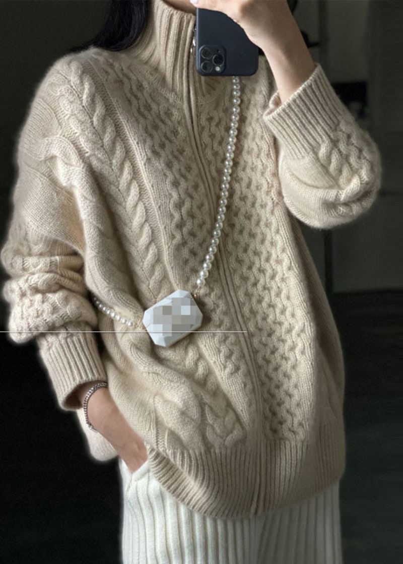 Diy Beige Zip Up Casual Laine Tricoté Tops Manteau Winters - Manteaux en laine femmes