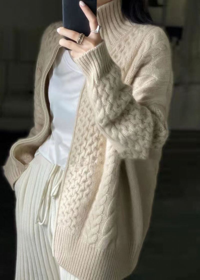 Diy Beige Zip Up Casual Laine Tricoté Tops Manteau Winters - Manteaux en laine femmes