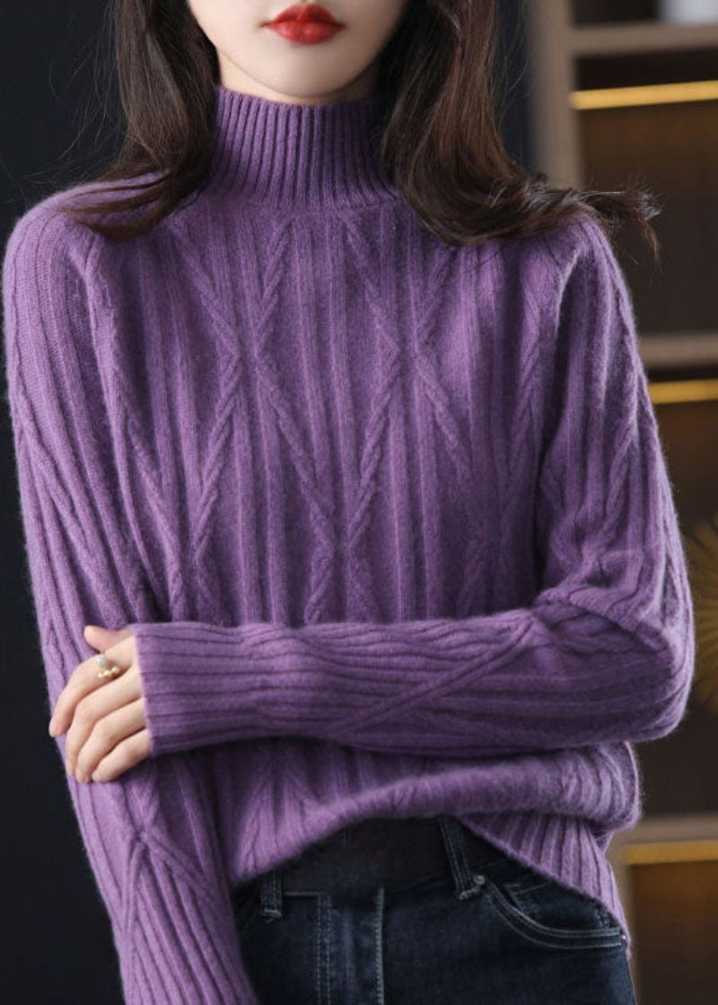 Diy Violet Col Haut Épais Laine Câble Tricoté Hauts Hiver