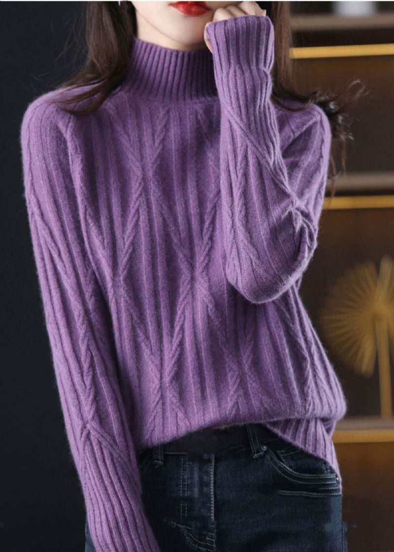 Diy Violet Col Haut Épais Laine Câble Tricoté Hauts Hiver - Manteaux en laine femmes