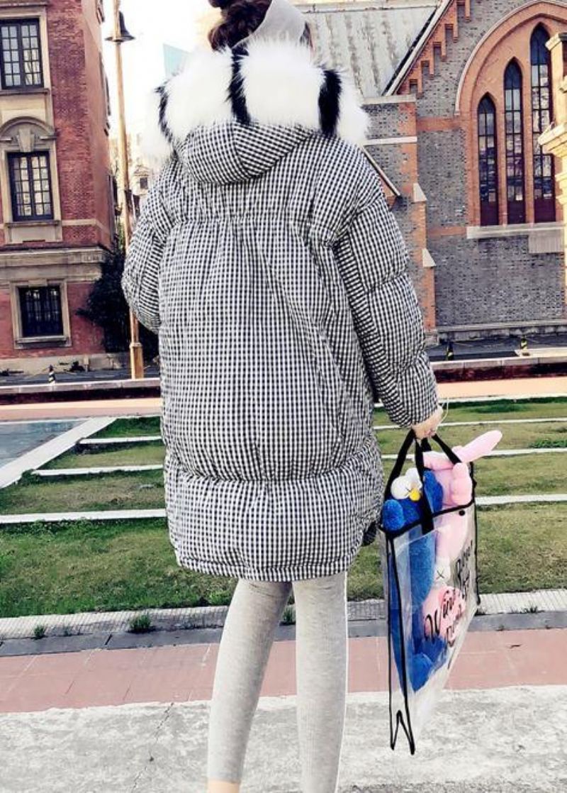 Doudoune Noire À Carreaux Pour Femme Grande Taille Parka À Capuche En Laine De Lapin Manteaux Élégants 2024 - Manteaux en laine femmes