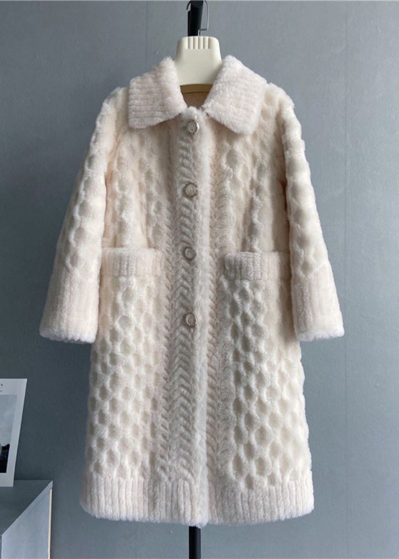 Élégant Blanc Col Claudine Poches Manteau En Laine Hiver