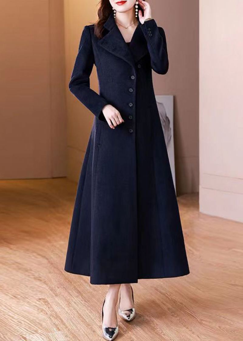 Élégant Bleu Marine Col Claudine Bouton Laine Long Manteau Hiver - Manteaux en laine femmes