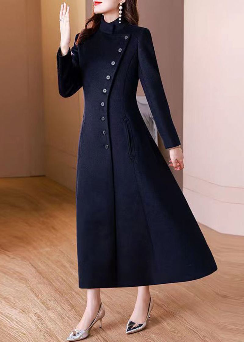 Élégant Bleu Marine Col Claudine Bouton Laine Long Manteau Hiver - Manteaux en laine femmes