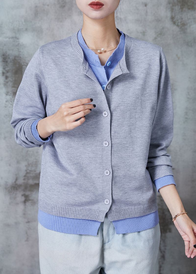 Élégant Gris Double Couche Patchwork Laine Faux Deux Pièces Cardigan Automne - Manteaux en laine femmes