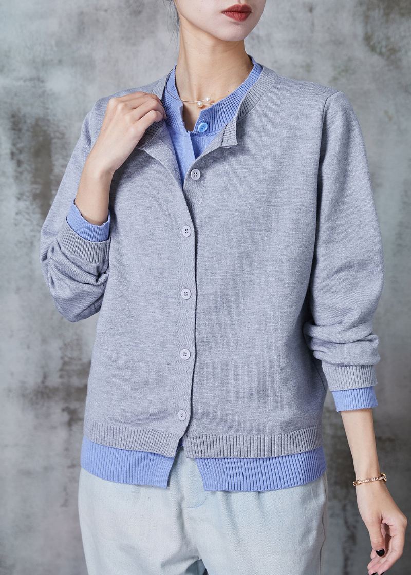 Élégant Gris Double Couche Patchwork Laine Faux Deux Pièces Cardigan Automne - Manteaux en laine femmes