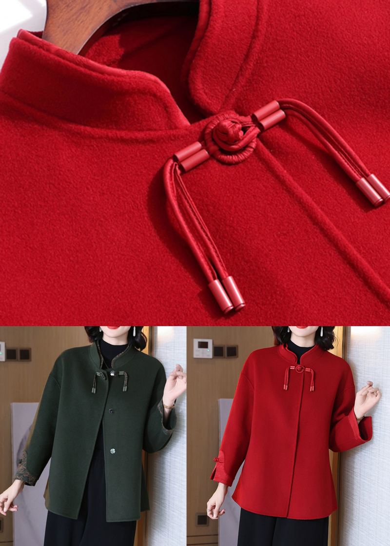 Élégant Manteau En Laine À Boutons Unis Vert Noirâtre À Manches Longues - Manteaux en laine femmes