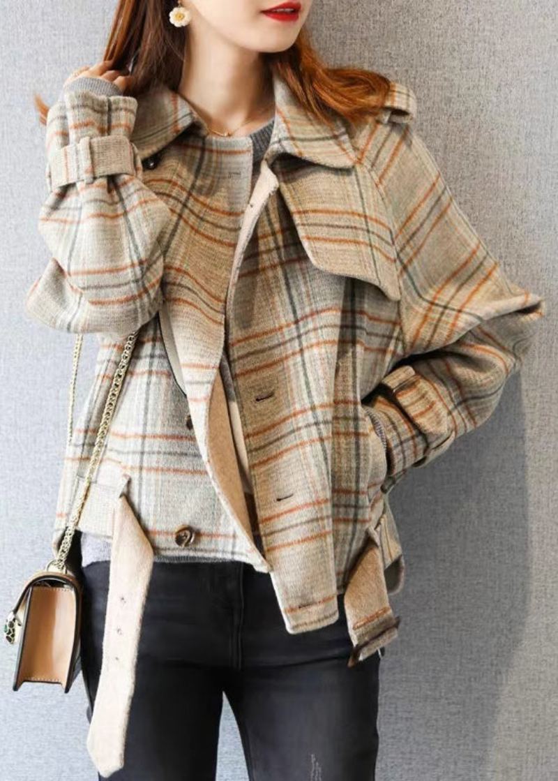 Élégant Plaid Bouton Poches Patchwork Manteau En Laine Automne - Manteaux en laine femmes