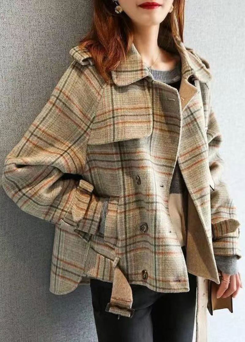 Élégant Plaid Bouton Poches Patchwork Manteau En Laine Automne - Manteaux en laine femmes