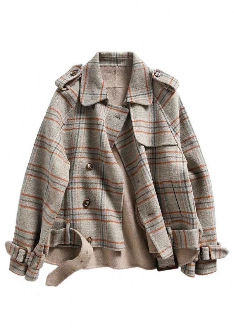 Élégant Plaid Bouton Poches Patchwork Manteau En Laine Automne - Manteaux en laine femmes