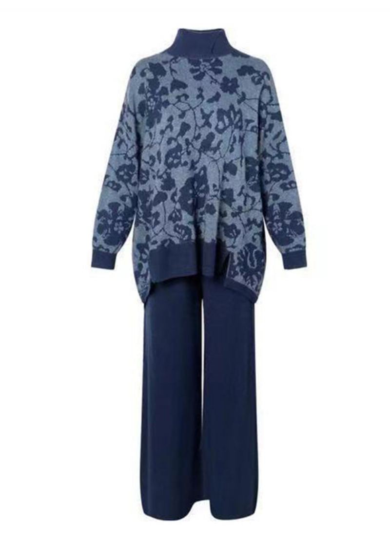 Ensemble De Costume Deux Pièces En Laine Patchwork Imprimé Bleu Marine Asymétrique Automne - Manteaux en laine femmes