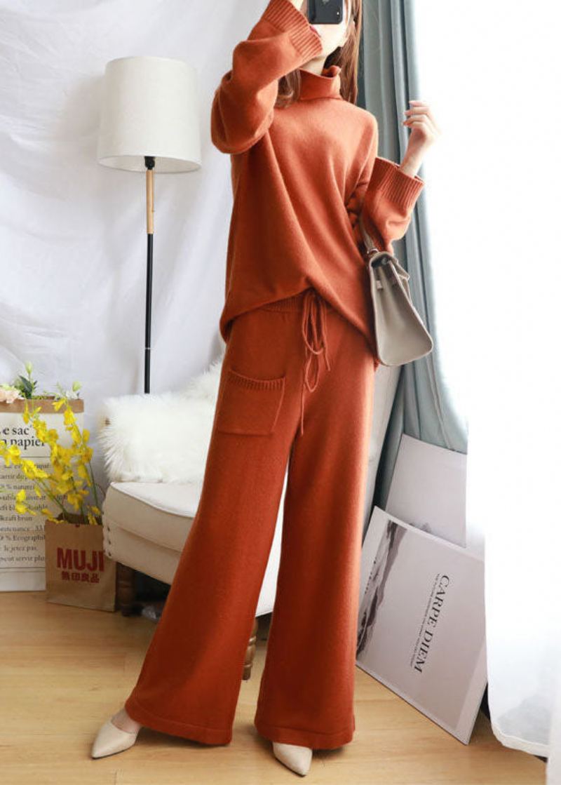 Ensemble Deux Pièces Élégant En Tricot De Laine À Col Roulé Et Pantalon Large Couleur Caramel Printemps - Manteaux en laine femmes