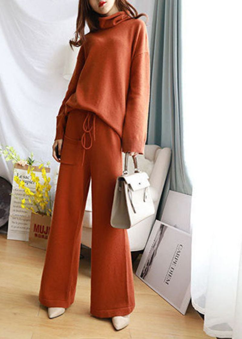 Ensemble Deux Pièces Élégant En Tricot De Laine À Col Roulé Et Pantalon Large Couleur Caramel Printemps - Manteaux en laine femmes