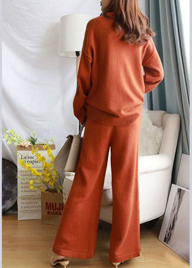 Ensemble Deux Pièces Élégant En Tricot De Laine À Col Roulé Et Pantalon Large Couleur Caramel Printemps - Manteaux en laine femmes