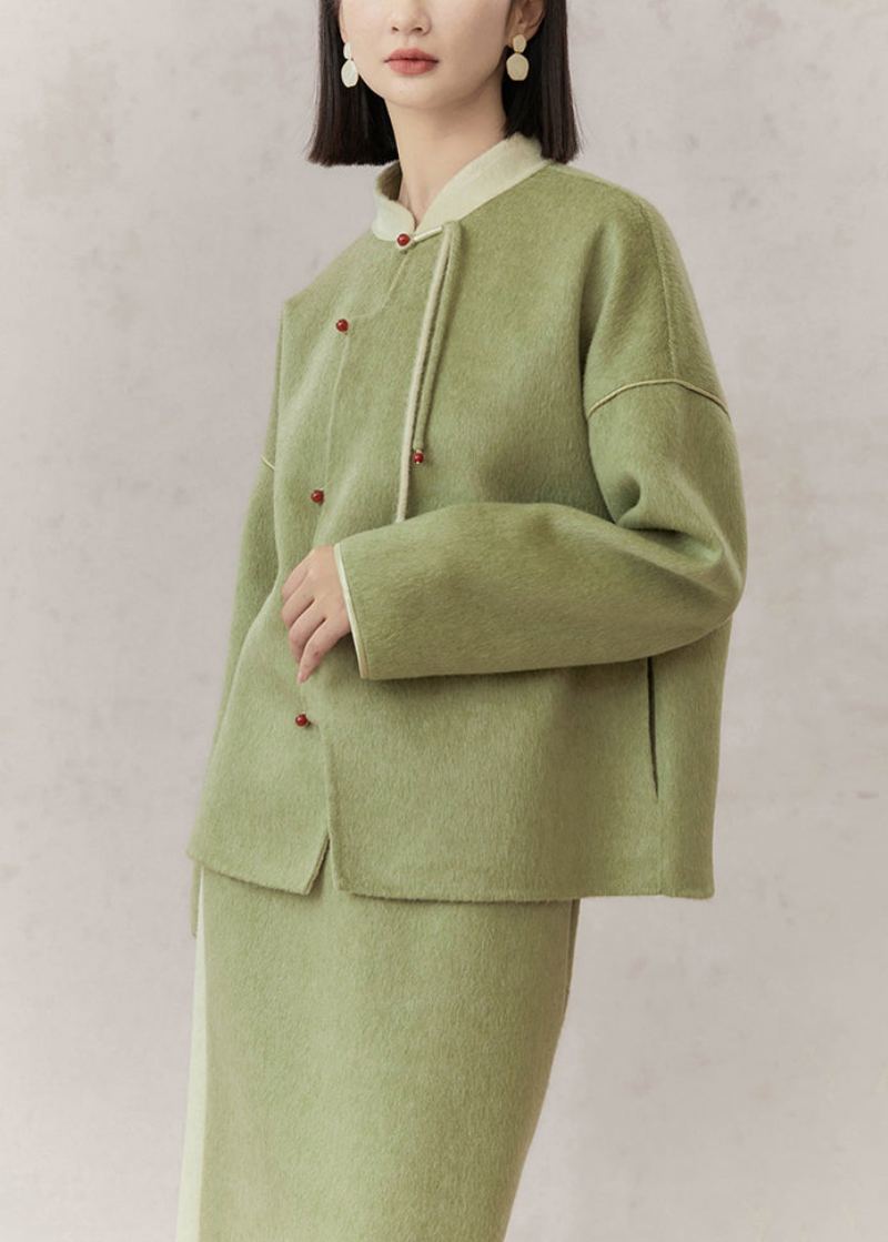 Ensemble Deux Pièces En Laine Pour Femmes Vert Col Montant Glands Patchwork Automne - Manteaux en laine femmes