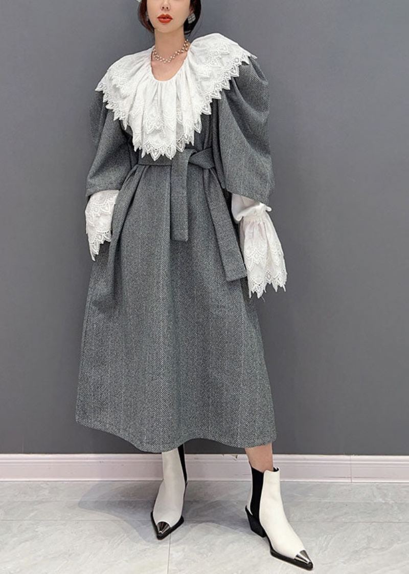 Ensemble Deux Pièces Style Boho Gris Robe Cintrée En Laine Surdimensionnée Printemps