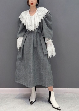 Ensemble Deux Pièces Style Boho Gris Robe Cintrée En Laine Surdimensionnée Printemps