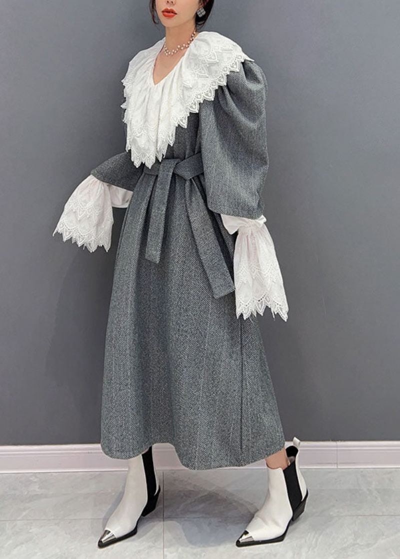 Ensemble Deux Pièces Style Boho Gris Robe Cintrée En Laine Surdimensionnée Printemps - Manteaux en laine femmes