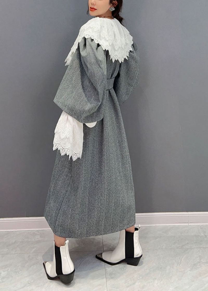 Ensemble Deux Pièces Style Boho Gris Robe Cintrée En Laine Surdimensionnée Printemps - Manteaux en laine femmes