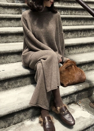 Ensemble Deux Pièces En Tricot De Laine Surdimensionné À Col Haut Kaki Français Printemps